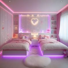 two beds in a room with pink lights on the walls and white carpeted floors