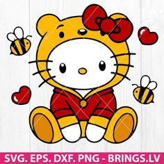 hello kitty sitting on the floor with bees and hearts in her hair, wearing a red bow