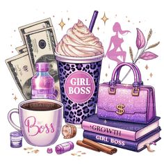 a watercolor drawing of a cup of coffee, books, money and a purse