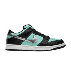 Find NIKE Diamond Supply Co. X Dunk Low Pro Sb 'tiffany on Editorialist. Releasing in August 2005 as part of the Team Manager series, the Diamond Supply Co. x Dunk Low Pro SB ‘Tiffany’ drew long lines and campouts at skate shops throughout the country. The leather upper is finished in Aqua and accented with a metallic silver Swoosh. The black leather overlays feature a crocodile-embossed texture and contrast white stitching. Nike Sb Dunk Low Tiffany, Teal Nike Dunks, Nike Dunk Low Metallic Silver, Nike Dunk Low Paisley, Nike Synthetic Low-top Skate Shoes, Tiffany Diamond, Diamond Supply Co, Diamond Supply, Nike Sb Dunks Low