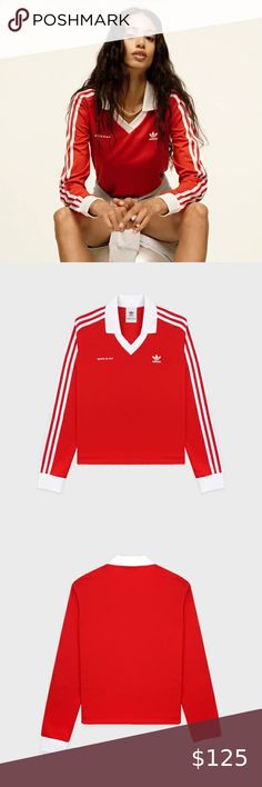 SPORTY & RICH X ADIDAS ORIGINALS Adidas Soccer Jersey - Sports Red/White NWT Adidas Soccer Jersey, Adidas Soccer, Sporty And Rich, But First, Polo Collar, Collar And Cuff, Soccer Jersey, Stripes Design