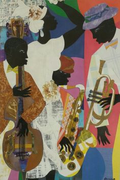 an abstract painting with people and musical instruments