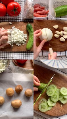 the process of making potato salad with cucumbers and tomatoes