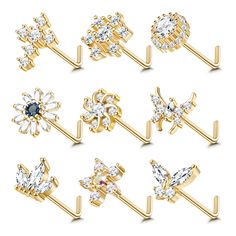 PRICES MAY VARY. 💛Nose stud piercing set💛: You Will Receive 9Pcs L-Shape Nose Rings in one order with different designs, including tiny and cute flower nose stud, butterfly nose stud, snowflake nose stud, shiny CZ nose stud and other fashion styles. It is available in gold, silver and black. Each nose stud piercing is different and unique, just fits your nose for nice decoration. Making You more Trendy and Charming. 🌞Material and Size🌞: Our hypoallergenic nose rings are made of 316L stainles Butterfly Nose Piercing, Nose Stud Piercing, Flower Nose Stud, L Shaped Nose Ring, Nose Piercing Stud, Stud Piercing, Nose Piercing Jewelry, Nose Studs, Body Jewelry Piercing