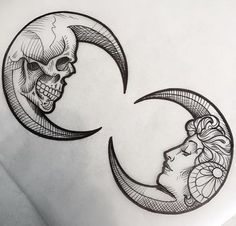 a drawing of two skulls and a woman's face in the shape of a crescent