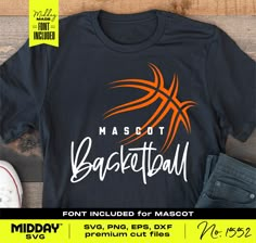 a black t - shirt with the words basketball on it and an orange basketball ball