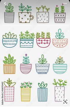 a bunch of potted plants that are on a white surface, with the words plant life written in different colors