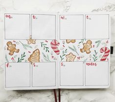 an open christmas planner with gingerbreads, cookies and candy canes on it