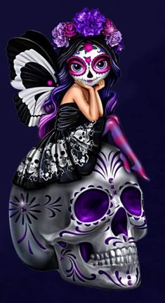 a woman with purple hair sitting on top of a skull wearing a black dress and butterfly wings