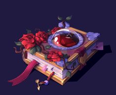 an open book with flowers on it and a red heart in the middle surrounded by ribbons