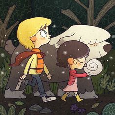 two children are walking in the woods together