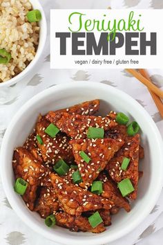 there is a bowl of food with chopsticks next to it and the words teriyaki tempeh