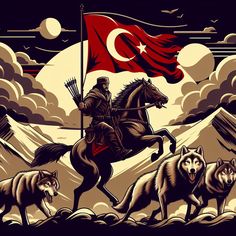 a man riding on the back of a horse next to three wolfs in front of a flag