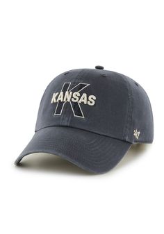 This Kansas Jayhawks Navy Blue Adjustable Hat features a historical design from KU basketball. The '47 Clean Up is a relaxed and curved adjustable strap back with raised embroidery on the front and a woven label on the back., Made from garment washed cotton twill., Metal buckle on the back to dial in the custom fit., The garment wash cotton twill gives a soft, worn-in look., Dad Hat, Self fabric strap closure, Fit: True to Size, 100% Cotton, Washable, Imported Classic Baseball Cap For Fan Gear, Vintage Baseball Cap With Curved Brim For Fan Gear, Vintage Curved Brim Baseball Cap For Fan Gear, Navy Curved Brim Hat For Game Day, Collegiate Curved Brim Hat For Fans, Fan Merchandise Collegiate Curved Brim Hat, Classic Cap For Game Day, Classic Curved Brim Hat For Fan Gear, Navy Collegiate Baseball Cap With Curved Brim