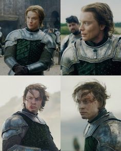 four different pictures of the same man in armor