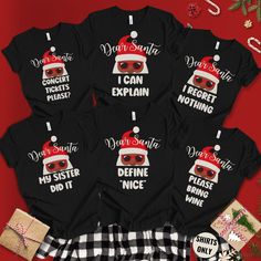 "Get ready to sleigh the Christmas party scene with our \"Dear Santa Family Christmas Matching Shirt!\" This festive and fun t-shirt is the ultimate addition to your holiday wardrobe. Whether you're looking to spread some Christmas cheer, make a fashion statement, or simply embrace the holiday spirit, this shirt is the perfect choice. ------------------------------------------------------------------------------------------------------ 1. MAKE SURE THAT YOU HAVE READ ALL PERTINENT INFORMATION AND YOU HAVE SCROLLED THROUGH ALL OF THE PHOTOS. 2. ONCE THAT HAS BEEN COMPLETED, PICK YOUR SHIRT STYLE, SIZE, AND COLOR FROM THE DROPDOWN MENUS. 4. IF YOU HAVE MORE ITEMS TO ORDER, HIT THE BACK BUTTON AND REPEAT. 5. ONCE EVERYTHING IS IN YOUR CART, SELECT YOUR SHIPPING METHOD, INPUT YOUR CORRECT ADDR Family Pjs Christmas, Matching Family Pjs, Black Santa Claus, Pjs Christmas, Christmas Party Shirt, Family Pjs, Christmas Party Shirts, Christmas Matching, New Years Shirts