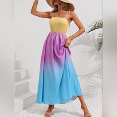 Colorful Ombre Rainbow Self-Tie Shoulder Smocked Bodice Maxi Dress This Is A Timeless Dress That Is Simple But Definitely Not Basic. Mermaid Unicorn Vibes With The Bright Colorblock Top & Vibrant Ombre Skirt. Easy To Dress Up With Espadrille Heel Sandals For A Bohemian Style, Down With Ballet Flats Or Cowboy Boots. Self-Tie Spaghetti Shoulder Straps With A Bow. Elasticized Smock Bodice That's Form Fitting And Stretchy. Flowing And Breathable A-Line Maxi With A Wide Bottom Hem. Girl-Next-Door Feminine Chic Classic Design That Can Go From Day To Night And Anywhere In Between From A Special Occasion, Beach Resort Vacation, Cruise, Party Event, Bbq Or Just Out To Lunch. Very Versatile Staple Pi Smocked Maxi Dress, Ombre Dress, Timeless Dress, Color Block Top, Maxi Robes, Summer Maxi, Style Chic, Summer Maxi Dress, Jumpsuit Dress