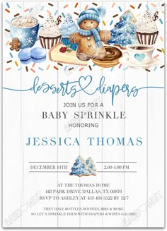 a baby shower is shown with cupcakes and snowflakes on the table