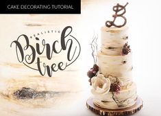 the cake is decorated with pine cones and branches on it's side, while the words birch tree are written in cursive font