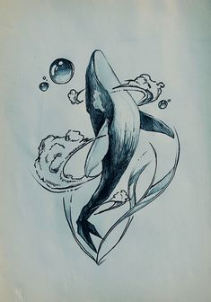 an ink drawing of a whale with bubbles coming out of it's back end