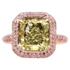 NALLY Exquisite Diamond Ring, with 3.60 carat Cut-Cornered Rectangular Modified Brilliant Cut center diamond Color: Natural Fancy Green-Yellow, Clarity: VS1. Gia#xxxxxxxxxx Surrounded with 180 pink color Round Brilliant Stones with total weight of 0.78 carat set in 18k rose gold. Jewellery Wishlist, Radiant Cut Diamond Ring, Heart Shaped Diamond Ring, Victorian Diamond Ring, Estate Diamond Jewelry, Yellow Diamonds Engagement, Yellow Diamond Engagement Ring, Diamond Rings With Price, Marquise Diamond Engagement Ring