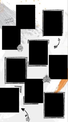 some black and white squares with orange accents on them, one has an arrow in the middle