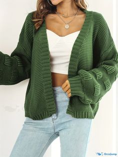 Orcajump - Women's Elegant Lantern Sleeve Solid Cardigan, V-neck Long Sleeve Cardigan For Fall & Winter, Women's Clothing Green V-neck Knit Outerwear, Green Knit V-neck Outerwear, Green Cotton V-neck Outerwear, Knitted Cotton V-neck Cardigan, Knitted Acrylic V-neck Sweater Coat, Green Cotton V-neck Cardigan, Green V-neck Knitted Outerwear, Cozy Acrylic V-neck Outerwear, Green V-neck Sweater Coat For Winter