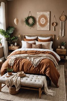 a bedroom with brown walls and tan bedding, potted plants on the wall