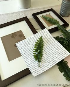 some plants are sitting on a table next to framed pictures