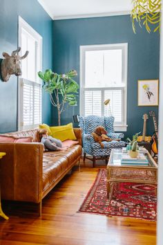 a living room with blue walls and wooden floors