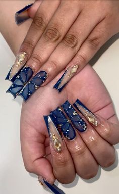 Navy Blue And Silver Quince Nails, Navy Blue Nails For Hoco, Navy Quince Nails, Midnight Themed Nails, Navy Blue Quince Cake Ideas, Cinderella Acrylic Nails, Holiday Nails Blue And Silver, Navy Blue Birthday Nails, Midnight Blue And Gold Nails