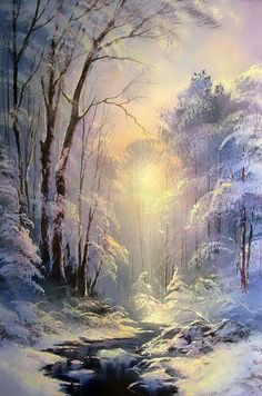 a painting of snow covered trees and water in the foreground with sunlight coming through