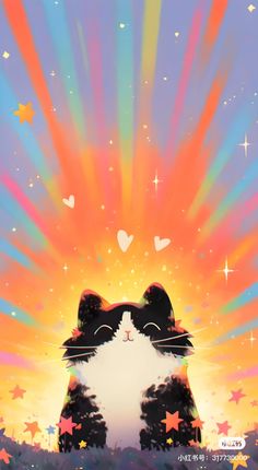 a painting of a cat sitting in front of a colorful sky with stars and hearts