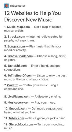 an ad with the words, 12 web sites to help you discovery new music