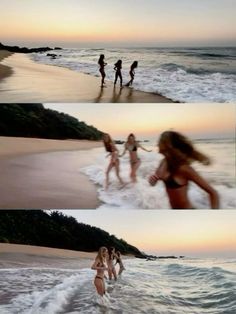 three girls are playing in the water at the beach and one girl is running into the ocean