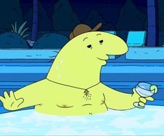 a cartoon character sitting in the water with his hand up to his face and wearing a hat