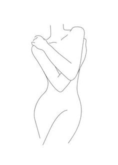 a line drawing of a woman's torso with her hands on her chest and arms behind her back