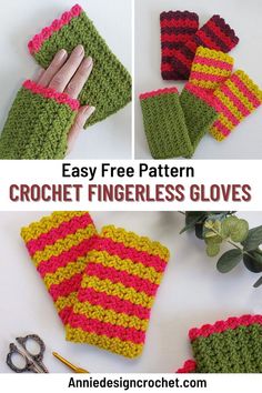 crochet fingerless gloves with text that says easy free pattern