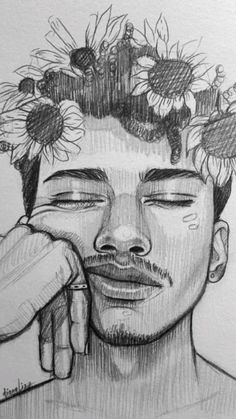 a drawing of a man with sunflowers on his head and hands near his face