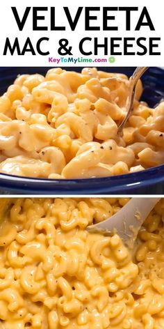 macaroni and cheese in a blue bowl with the title overlay that reads, how to make cheesy velveeta mac and cheese