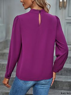 Katykey - Chic Pleated Mock Neck Blouse: Stylish Long Sleeve Top for Womens Spring & Fall Wardrobe Fall Care, Elegant Fabric, Mock Neck Blouse, Fall Wardrobe, Spring And Fall, Long Sleeve Top, Mock Neck, Collar Styles, Long Sleeve Tops