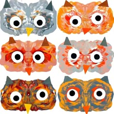 four different colored owls with big eyes and long beaks are shown in this image