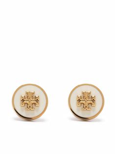 White/gold Kira enamel circle-stud earrings from TORY BURCH featuring gold-tone logo plaque, enamel detail and press-stud fastening. These earrings come as a pair.. Unique Stud Earrings, Branded Jewellery, Tory Burch Bracelet, Big Stud Earrings, Brand Earrings, Tory Burch Earrings, Enamel Stud Earrings, Tory Burch Kira, Luxe Jewelry