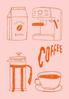 an image of coffee and espresso machines on a pink background with the words coffee written below it