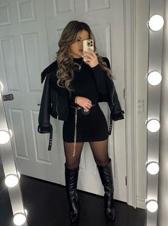 Elegant Stockings Outfit, Night Out Christmas Outfit, Long Sleeve Mini Dress With Boots, Nashville Fits Winter, November Going Out Outfits, Cold Weather Clubbing Outfits, Winter Outfits With Thigh High Boots, Comfy Friendsgiving Outfits, Christmas In Vegas Outfits