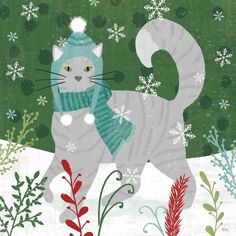 Purrfect Holiday V by Veronique Charron-VARPDX67157 Image 1 Boston Ideas, Portrait Quilts, Christmas Macrame, Kitty Christmas, Cat Frame, Wood Disc, Christmas Illustration, Pusheen, Framed Canvas Wall Art