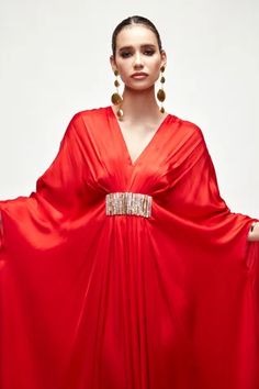 Shop for Ranian Red Silk Pleated Kaftan for Women Online at Aza Fashions Elegant Red Kaftan For Evening, Festive Embellished Dress With Kimono Sleeves, Red V-neck Kaftan For Party, Elegant Red V-neck Kaftan, Elegant Red Kaftan With Kimono Sleeves, Red Maxi Kaftan For Party, Red Maxi Length Kaftan For Party, Red Maxi Length Kaftan For Evening, Red Dress With Kimono Sleeves For Party