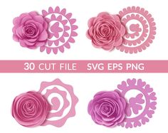 pink paper flowers cut out and placed on top of each other in different shapes, sizes and colors