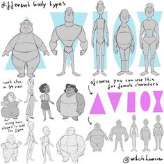 an animation character sheet with different body types