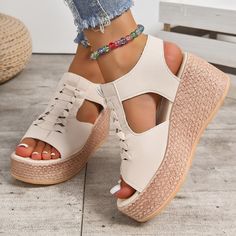 Patterned:StripesMaterial:Faux leatherHeel Type:Platform HeelClosure:ZipperToe Style:Open ToeStrap Type:Ankle-strapItem ID:XC12781 Faux Leather Heels, Cutout Design, Casual Sandals, Platform Heels, Leather Heels, Wedge Sandals, Side Zipper, Light Brown, Ankle Strap